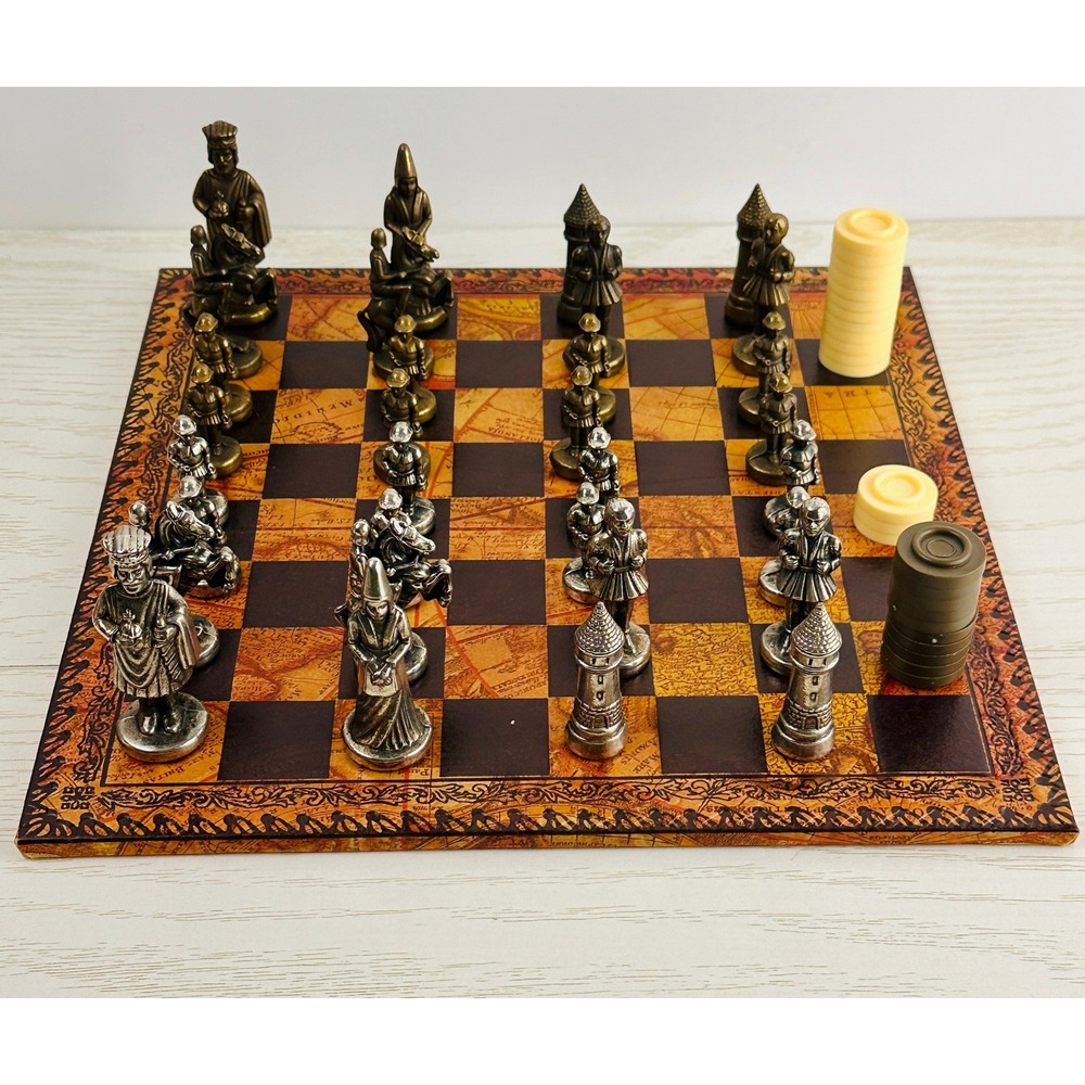 Vintage Firenze Chess Set Metal Pieces World Map Board Medieval Knights